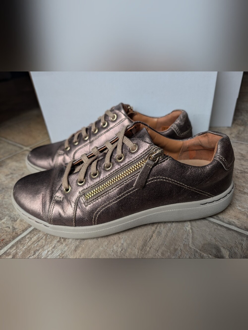 CLARKS Metallic Bronze Leather Lace-Up Sneaker with Side Zipper - Size 8.5